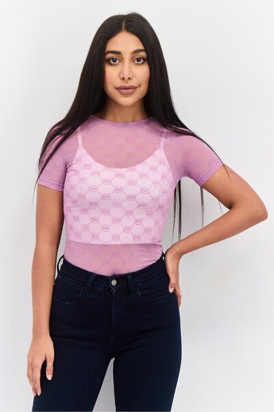 OW بدلة جسم نسائية بأكمام قصيرة، أرجوانية