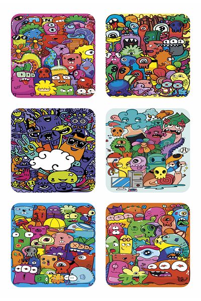 Hayat Poster Cute Monster Animals Colorful Doodles Pop Art Set of 6 Wooden Coasters