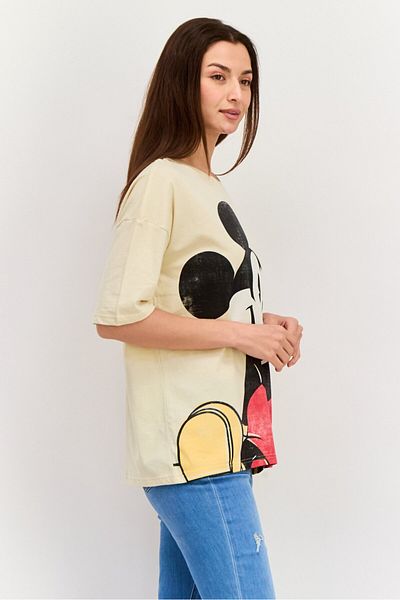 Disney Women Crew Neck Micky Mouse Print Top, Beige