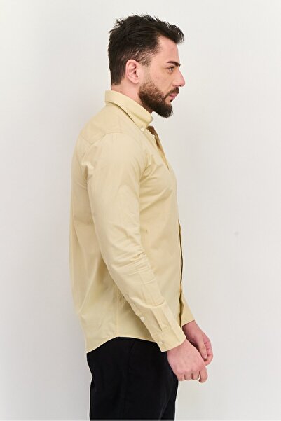 Esprit Men Regular Fit Embroidered Logo Long Sleeves Casual Shirt, Light Beige