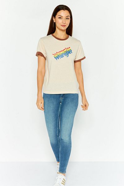 WRANGLER Women Round Neck Short Sleeves Graphic Print Top, Beige