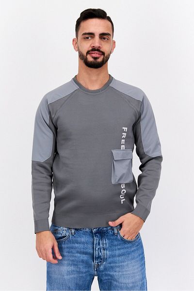 freesoul Men Crew Neck Brand Logo Long Sleeves Sweatshirt, Grey