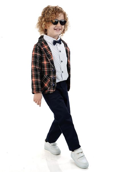 Monttini Boy's 4-Piece Suit Plaid Jacket, White Shirt, Bow Tie and Pants
