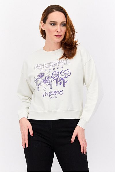 Misfit Women Crew Neck Graphic Print Long Sleeves Sweatshirt, Off White