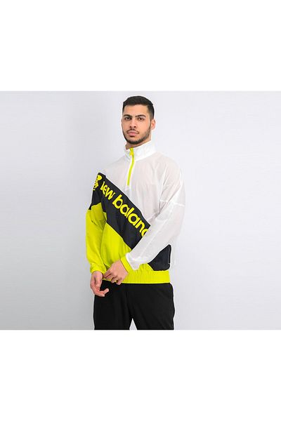 New Balance Men Quarter Zip Long Sleeve Windbreaker Training Jacket, White and Lime Green
