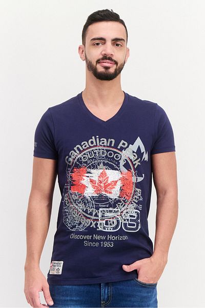 Canadian Peak Men V Neck Short Sleeves Embroidered T-Shirts, Navy Combo