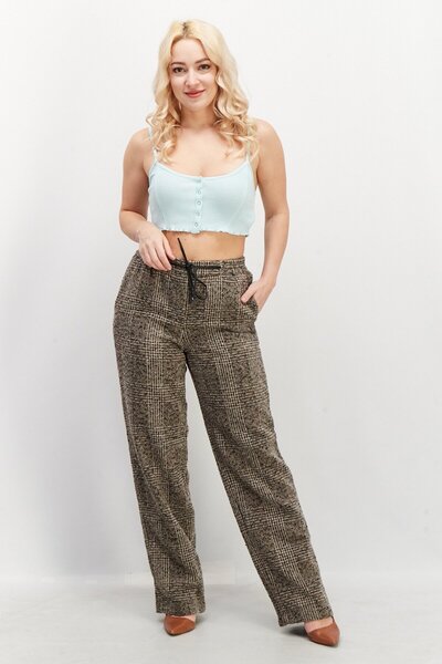 Esprit Women Regular Fit Ribbed Wide Leg Pants, Brown Combo