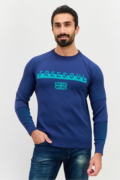 freesoul Men Crew Neck Brand Logo Long Sleeve Sweatshirt, Navy Blue