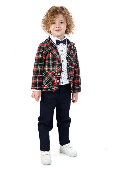 Monttini Erkek Çocuk 4lü Takım Elbise Ekose Ceket, Beyaz Gömlek, Papyon Ve Pantolon