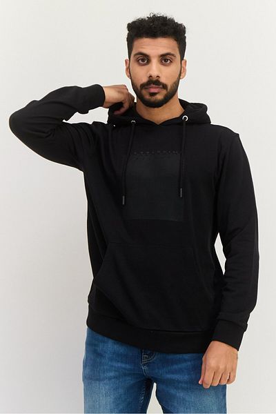 GAZZARRİNİ Men Hooded Brand Logo Long Sleeves Sweatshirt, Black