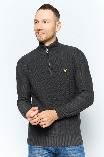 Lyle & Scott Men Moss Stitch Ribbed Long Sleeve Zip Sweater, Grey