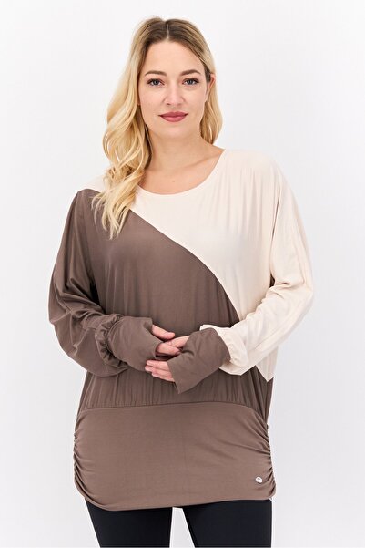 Tahari Sports Women Sportswear Fit Long Sleeve Two Tone Top, Brown