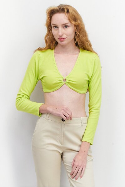 I Saw It First بلوزة قصيرة نسائية بأكمام طويلة وفتحة رقبة على شكل مفتاح، لون ...