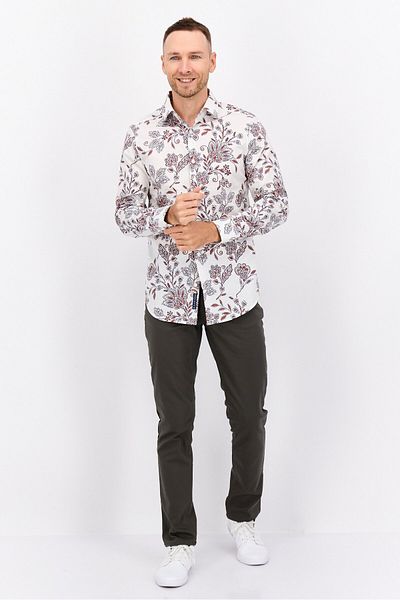 Perry Ellis قميص رجالي كاجوال بقصّة Slim Fit وطبعة زهور وأكمام طويلة، لون بيج