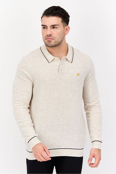 Lyle & Scott سترة رجالية بأكمام طويلة وياقة مفتوحة وشعار مطرز، لون كريمي
