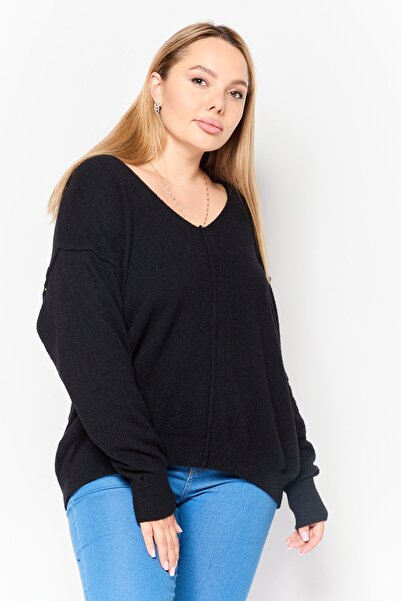 Black Tape سترة نسائية منقوشة بفتحة رقبة على شكل حرف V، باللون الأسود