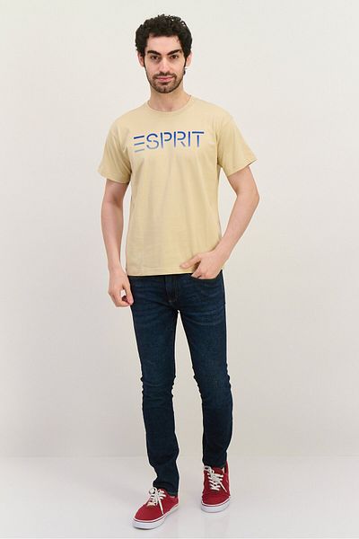 Esprit تي شيرت رجالي بشعار العلامة التجارية بأكمام قصيرة ورقبة دائرية، بيج