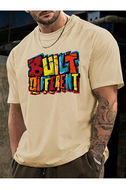 LİSY Built Different Printed Oversize Beige Men's T-Shirt