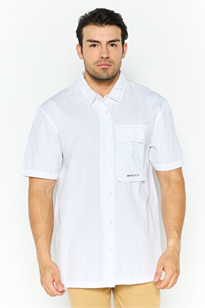 Brave Soul Men Regular Fit Brand Logo Short Sleeve Casual Shirt, White