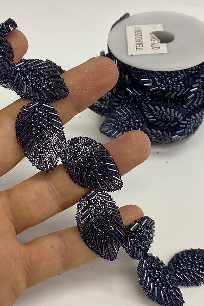 Hayalperest boncuk Navy Blue Leaf Pattern Iron-On Strip Stone Sconce