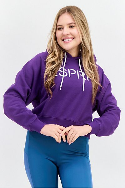 Esprit Women Brand Logo Long Sleeve Cropped Hoodie, Purple