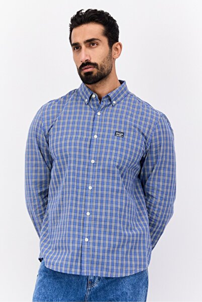 Perry Ellis قميص رجالي كاجوال بأكمام طويلة منقوش بقصّة عادية، أزرق