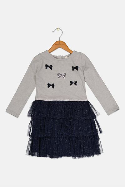 Miss Kids Girl Embellished Layered Dress, Grey