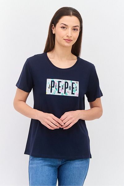 Pepe Jeans تي شيرت نسائي بأكمام قصيرة ورقبة دائرية، مجموعة أزرق داكن