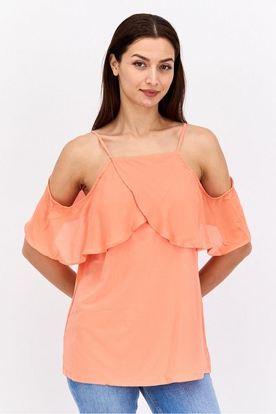 Nine West Women Square Neck Cold Shoulder Sleeve Plain Top, Coral Orange
