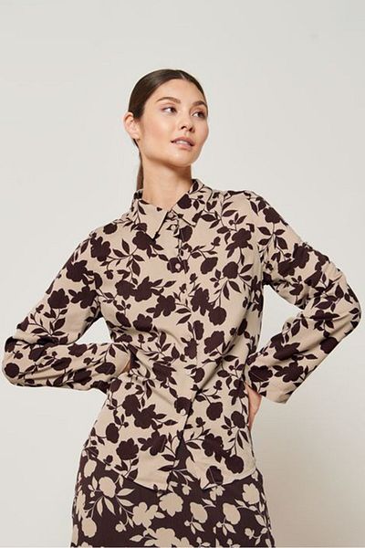 Tchibo Women Spread Collar Long Sleeve Allover Print Blouse, Tan