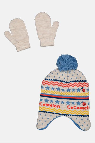 Cocomelon Toddlers Boy 2 Pcs Graphic Bennie And Mittens Set, Grey Combo