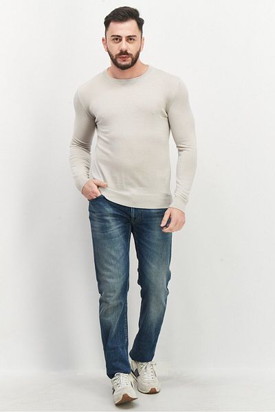 CELIO Men Crew Neck Plain Long Sleeves Sweatshirt, Light Grey