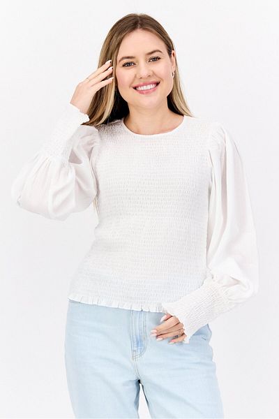 En Saison Women Round Neck Long Sleeves Textured Top, Off White