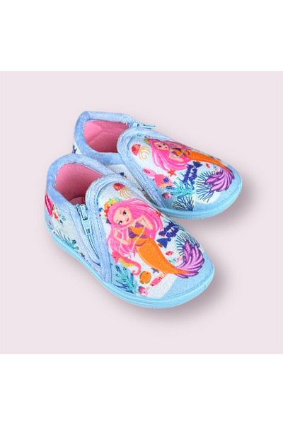 GEZER Baby Girl Blue Mermaid Printed Zipper Slip-Resistant Sole Home Shoes Slippers