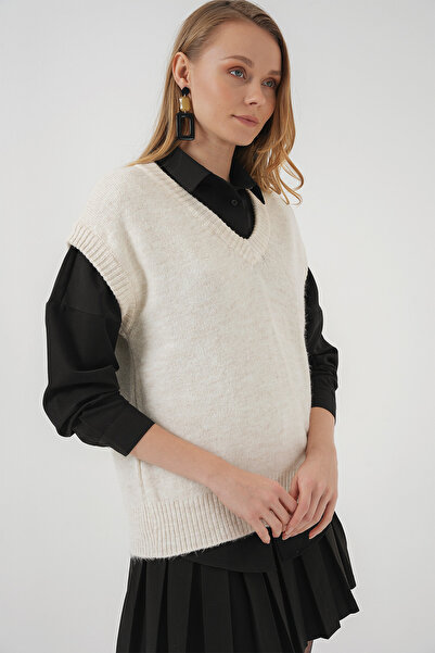 Bigdart V Yaka Ekru Трикотажний светр - 15914