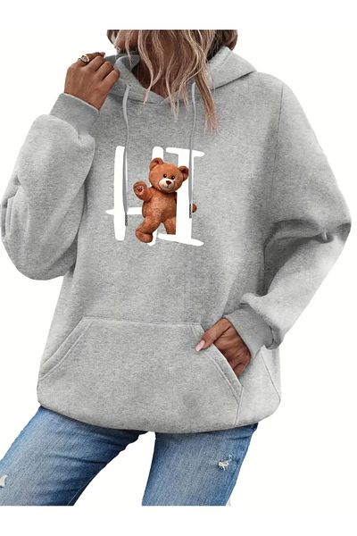 Pink Sky Bear Printed Oversize Hooded Kangaroo Pocket