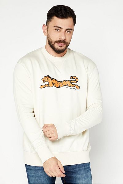 Le tigre Men Crew Neck Long Sleeve Brand Logo Sweatshirt, Light Beige