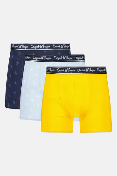 Original Penguin Men 3 Pieces All Over Print Boxer Briefs, Navy/yellow/light Blue