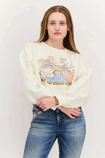 Roxy Women Crew Neck Graphic Print Long Sleeves Crop Top, White Combo