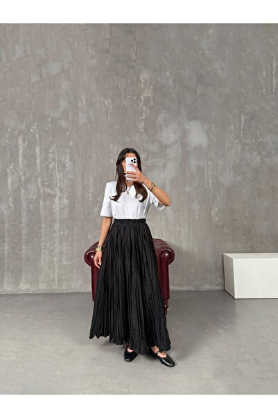 128ve980 Fusta lungă neagră cu talie înaltă din țesătură pliată cu talie elastică pentru femei