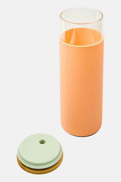 designworks ink Glass Water Bottle With Bamboo Cover 650 Ml, Orange