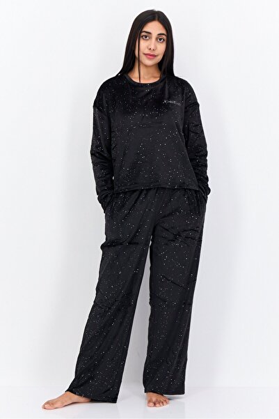 Bebe طقم بيجامة مزخرف للنساء مكون من قطعتين، أسود
