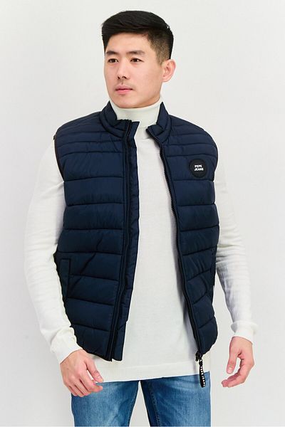 Pepe Jeans Men Brand Logo Sleeveless Puffer Vest Jacket, Navy Blue