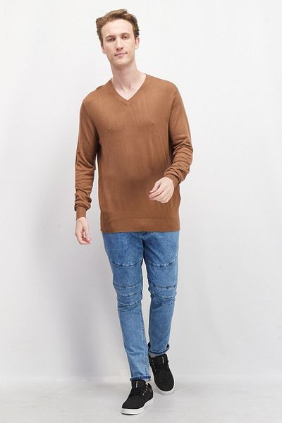 CELIO Men V-neck Plain Long Sleeves Sweatshirt, Brown