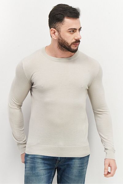 CELIO Men Crew Neck Plain Long Sleeves Sweatshirt, Light Grey