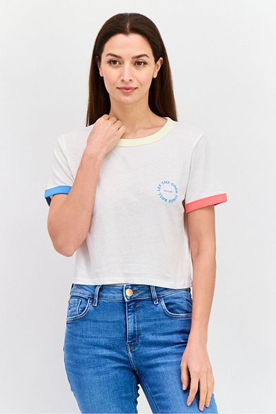 WRANGLER Women Crew Neck Short Sleeves Graphic Print, White Combo