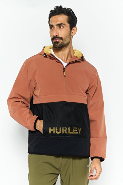 Hurley Men Hooded Brand Logo Windbreaker Jacket, Brown