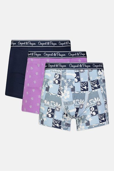 Original Penguin Men 3 Pack Allover Print Boxer Briefs, Purple/Navy/Blue