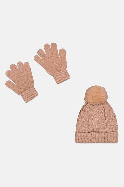 Laundry by Shelli Segal Women 2pcs Cable Knit Beanie And Gloves Set, Tan