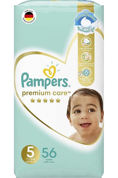 Pampers Premium Care, Size 5, Junior, 11-16kg, Super Saver Pack, 56 Taped Diapers